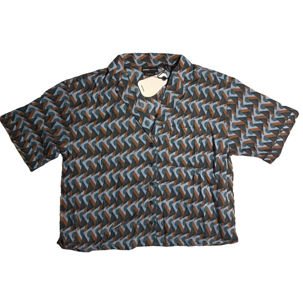 Prana Iguala Top High Tide Retro Geo Blue Orange Geometric Button Down W's Small